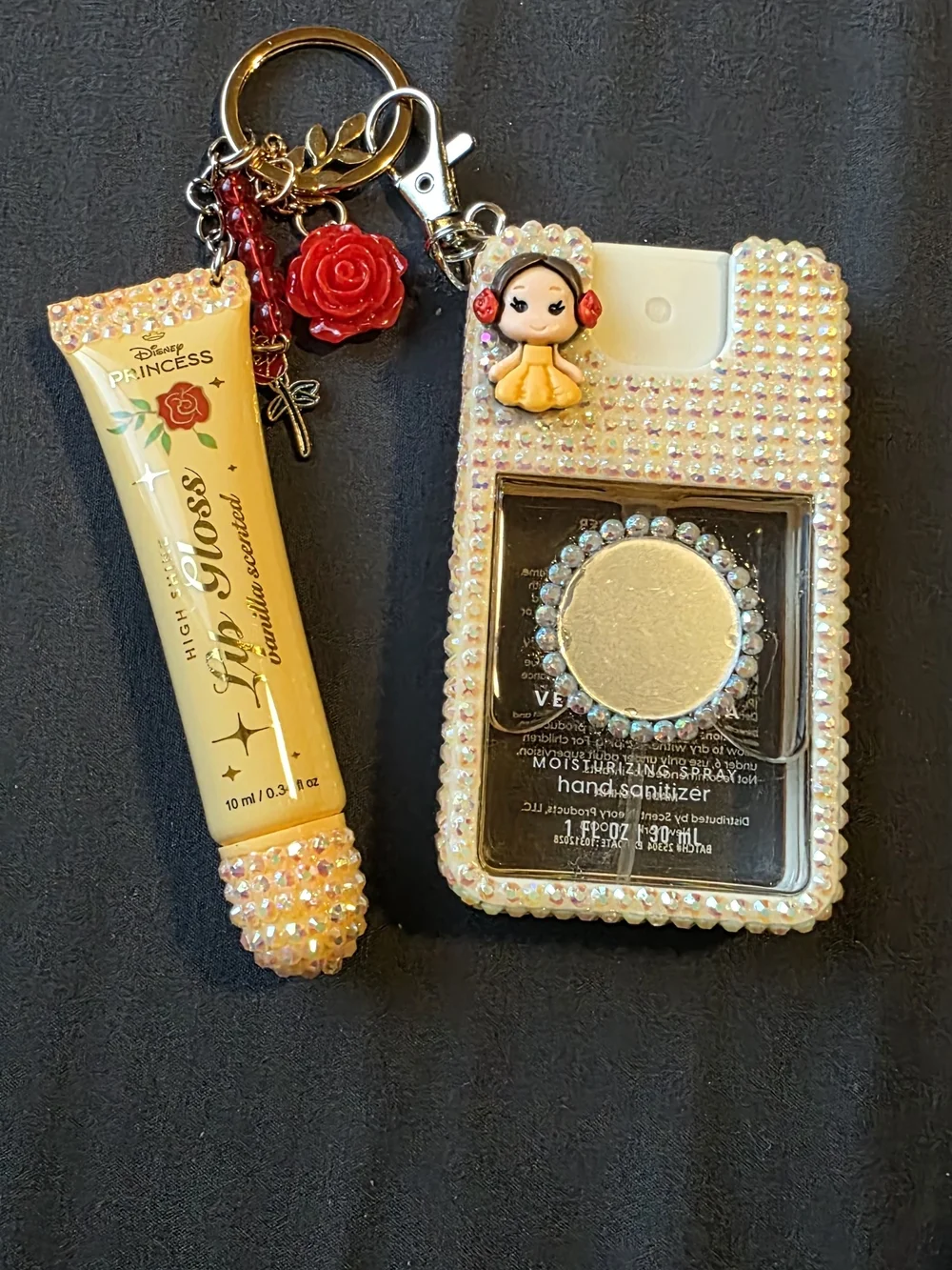 Handmade princess Belle Lip Gloss & Hand Sanitizer Keychain Set